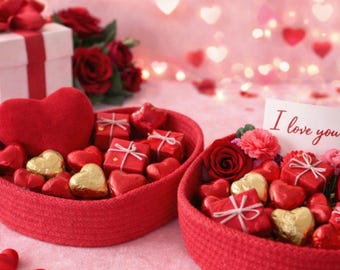 Valentine Table Decor Set, Heart Placemat with Basket, Handmade Romantic Gift
