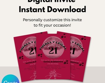 21st Birthday Invitation Template, Disco Ball Party Invite, Editable Red Birthday Invite, Twenty One Celebration, Digital Dowload