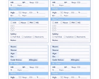 Op de afbeelding: Een wit en blauw "NURSE BRAIN SHEET" met secties voor patiëntinformatie, vitale functies en medicatietijden. Het blad bevat selectievakjes voor veiligheidsmaatregelen en notities. Een medisch thema.