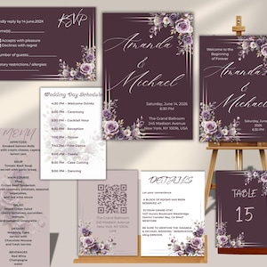 Convite de casamento roxo escuro, convite floral em tons de ameixa, download digital | Conjunto de convites editável