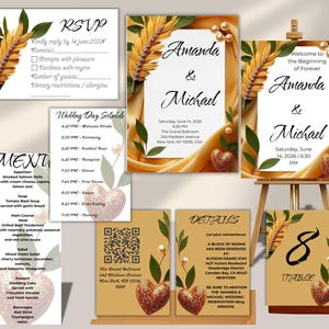 May include: Wedding stationery set featuring gold and white designs. Includes RSVP cards, a wedding day schedule, menu, details card, table number, and invitation cards with the names "Amanda & Michael".