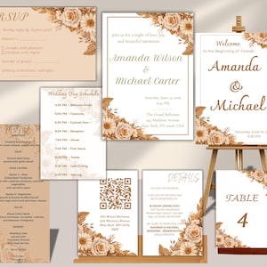 Peut inclure: Ensemble de papeterie de mariage beige et marron, orné de motifs floraux. Comprend une carte RSVP, une invitation, un programme, un menu, une carte de détails, un numéro de table et un panneau de bienvenue sur un chevalet.