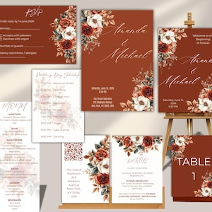 Terracotta Wedding Invitation Template, Burnt Orange Floral, Printable (Digital Download)