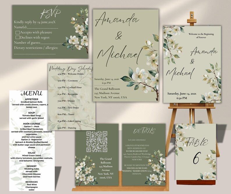 Sage Green Wedding Invitation Suite Template,floral Wedding Bundle With ...