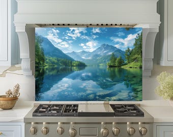 Mountain Lake Glass Backsplash, Alpine Nature Kitchen Wall Panel, Scenic Stove Splashback