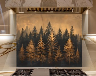 Golden Forest Glass Backsplash, Pine Tree Silhouette Kitchen Wall Panel