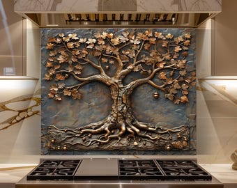Tree of Life Glass Backsplash, Bronze Art Kitchen Wall Panel Decor