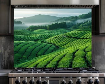 Green Tea Fields Glass Backsplash, Nature Landscape Kitchen Wall Panel