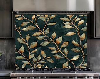 Emerald Green Gold Leaf Glass Backsplash, Floral Kitchen Wall Panel, Luxury Stove Splashback