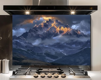Mountain Landscape Glass Backsplash, Modern Kitchen Decor, Scenic Stove Splash Guard