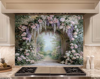 Floral Garden Arch Glass Backsplash, Romantic Kitchen Wall Panel, Cottagecore Stove Splashback