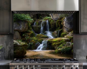 Waterfall Glass Backsplash, Nature Kitchen Wall Panel, Forest Stream Heat Resistant Decor