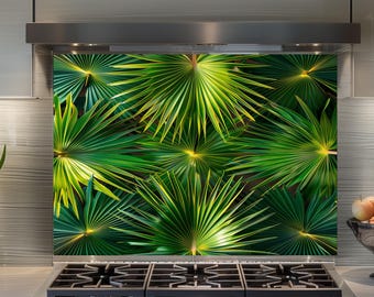 Green Tropical Leaf Glass Backsplash, Botanical Kitchen Wall Panel, Heat Resistant Glass