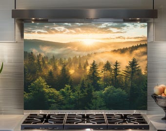 Forest Sunrise Glass Backsplash, Nature Kitchen Wall Panel, Scenic Heat Resistant Decor