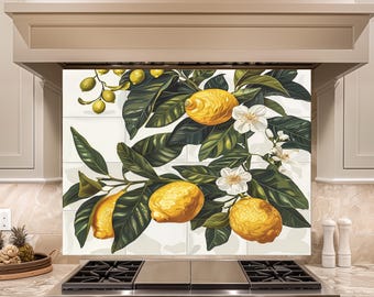 Lemon Glass Backsplash, Citrus Kitchen Decor, Italian Style Stove Splash Guard