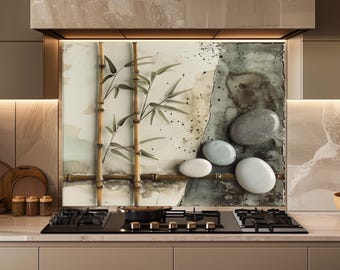 Zen Bamboo Glass Backsplash, Spa Kitchen Decor, Japandi Stove Splash Guard