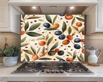 Olive Pattern Glass Backsplash, Mediterranean Kitchen Wall Panel, Heat Resistant Decor
