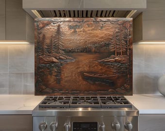 Rustic Copper Lake Canoe Glass Backsplash, Forest Landscape Kitchen Wall Panel