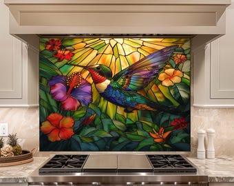 Gebrandschilderd glas kolibrie backsplash, kleurrijk gebloemd glazen keukenwandpaneel