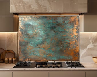 Abstract Patina Glass Backsplash, Teal Copper Effect Kitchen Stove Wall Panel