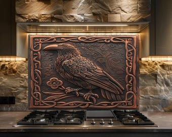 Celtic Raven Glass Backsplash, Viking Crow Kitchen Wall Art, Gothic Stove Cover