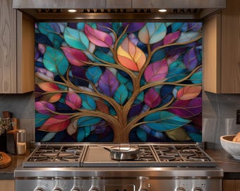 Gebrandschilderd glas boom backsplash, kleurrijke bladglas keuken wandpaneel kunst