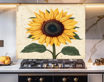 Zonnebloem glazen achterwand, rustiek bloemen keukenwandpaneel, gele bloemenkunst