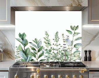Botanical Glass Backsplash, Green Leaves Kitchen Splashback, Modern Floral Wall Art
