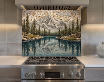 Mountain Lake Glass Backsplash, Rustic Nature Kitchen Wall Panel, Forest Mountain Decor