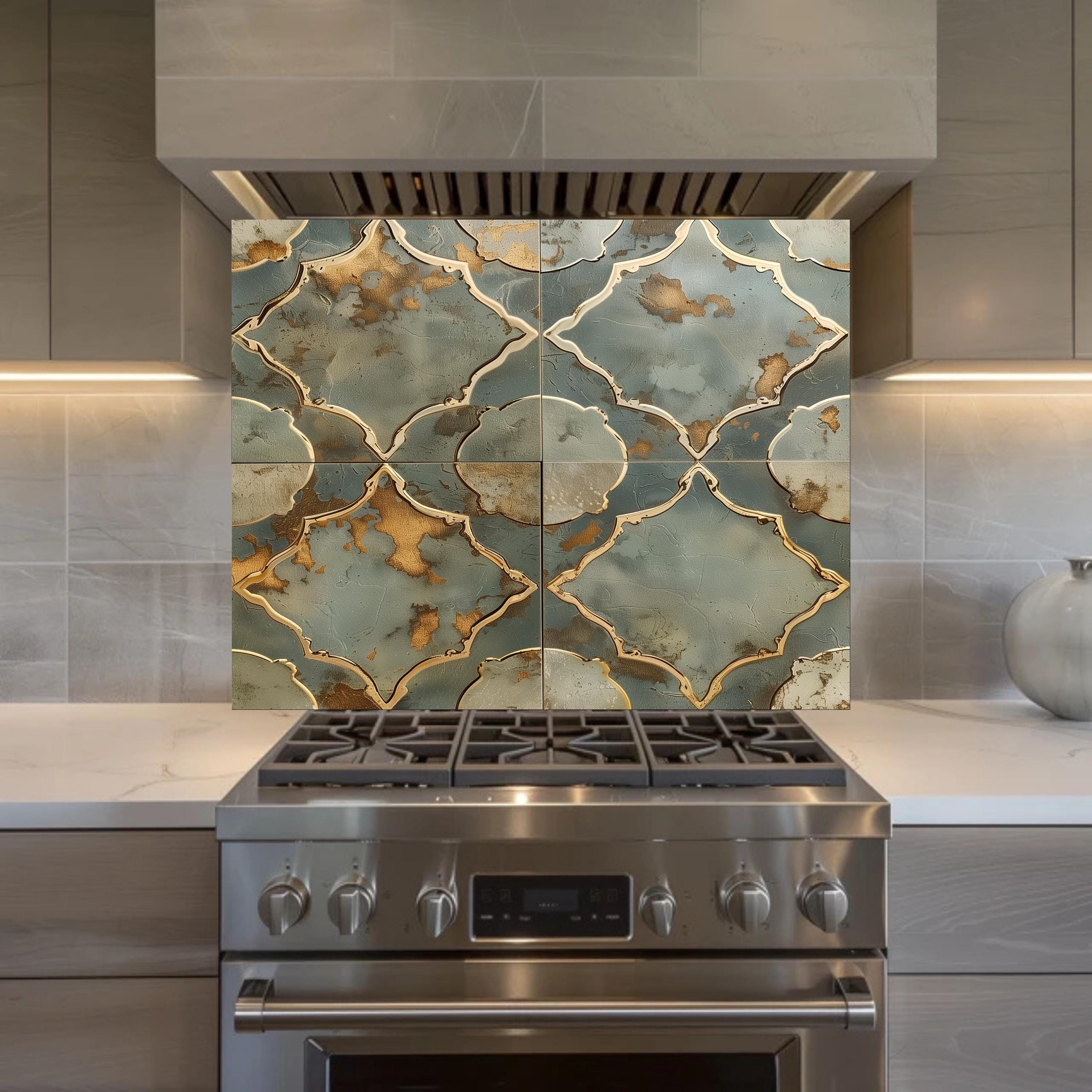 Luxury Teal Gold Moroccan Tile Glass Backsplash Panel Kitchen Wall ...