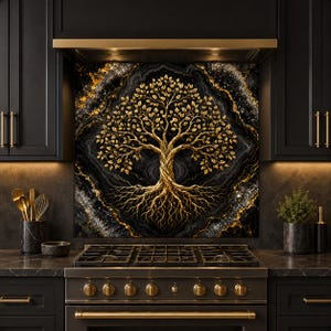 May include: A kitchen backsplash featuring a central golden tree of life motif with intricate branches and roots, set against a dark black and gold marbled background with crystalline textures, positioned above a stainless steel gas stove range.