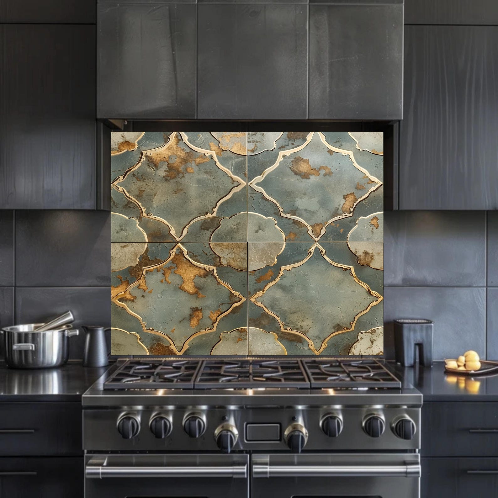 Luxury Teal Gold Moroccan Tile Glass Backsplash Panel Kitchen Wall ...