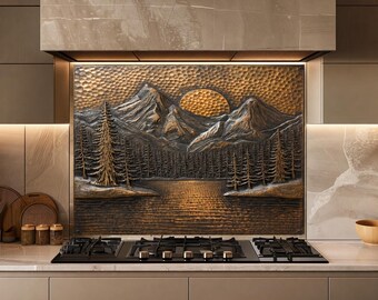 Mountain Lake Glass Backsplash, Rustic Copper Mountain Scene Kitchen Wall Panel