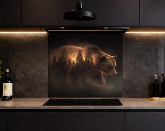 Bear Forest Glass Backsplash, Rustic Wildlife Kitchen Wall Decor, Cabin Style Art