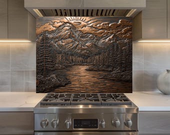 Mountain Lake Glass Backsplash, Rustic Nature Kitchen Wall Panel, Copper Forest Splashback Decor