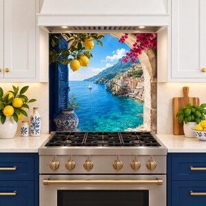 Amalfi Coast Glass Backsplash, Mediterranean Kitchen Wall Panel, Lemon Seaside Decor, Italian Coastal View