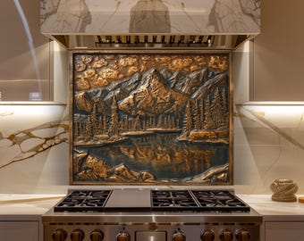 Rustic Mountain Glass Backsplash, Copper Lake Landscape Kitchen Wall Decor Panel