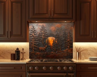 Rustic Forest Deer Glass Backsplash, Cabin Style Kitchen Wall Decor