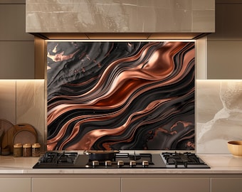 Abstract Copper Marble Glass Backsplash, Modern Black Kitchen Wall Panel