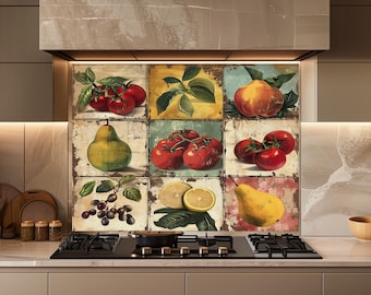 Vintage Fruit Tile Glass Backsplash, Rustic Kitchen Wall Panel, Tempered Glass Decor