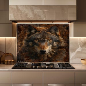 May include: A kitchen splashback with a detailed portrait of a wolf. The artwork shows the wolf's face with intense yellow eyes and a brown and grey fur pattern. The background has a cracked, textured effect.