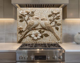 Neutral Bird Glass Backsplash, Floral Mosaic Kitchen Wall Decor, Beige Cottage Art Panel