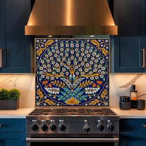 Blue Turkish Tile Glass Backsplash, Ottoman Floral Kitchen Wall Panel Decor