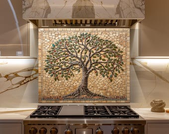 Tree of Life Glass Backsplash, Mosaic Kitchen Wall Panel, Rustic Nature Stove Splashback