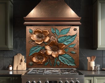 Copper Floral Glass Backsplash, Rustic Flower Kitchen Wall Panel, Farmhouse Stove Splashback