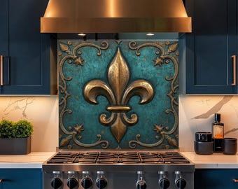 Turquoise Fleur De Lis Glass Backsplash, Vintage Bronze Kitchen Wall Panel
