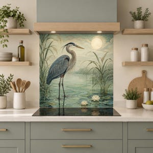 Puede incluir: Un panel de salpicadero de cocina con una ilustración detallada de una garza azul de pie en un estanque pantanoso con juncos altos y nenúfares blancos bajo una luna pálida. La obra muestra tonos verdes, azules y beige apagados, creando una serena escena natural detrás de una placa de cocina negra.