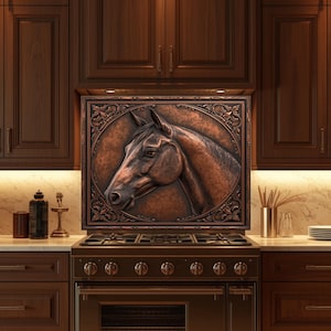 May include: A rectangular wall plaque featuring a relief sculpture of a horse head in profile, rendered in a metallic copper finish. The horse is centered within a circular frame, which is surrounded by ornate, decorative scrollwork corners.