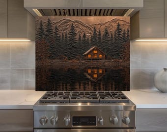 Rustic Cabin Glass Backsplash, Mountain Lake Kitchen Wall Panel Decor