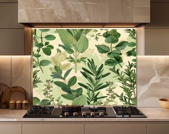 Herb Botanical Glass Backsplash, Green Kitchen Decor, Farmhouse Stove Splash Guard